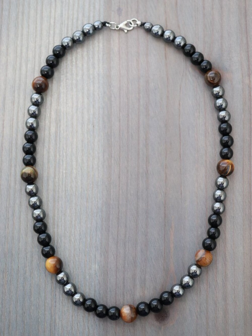 3-Stone Tiger Eye/Black Onyx/Metallic Grey Natural Gemstone Bead Necklace